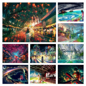 1000 Pieces Jigsaw Puzzle Japanese Neon Sakura Landscape Colorful Cherry Blossom Night Scene For Adults Brain Teaser Family Game