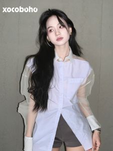 xocoboho | Unique Stylish Design French Style White Sheer Patchwork Shirt