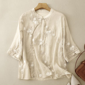 Summer Thin Cotton Linen Embroidered Shirt Womens Zen Tea Clothing Small Flag Pajama Sleeveless Seven Sleeve Linen Shirt
