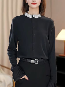 QINGNAER | Slim Fit Vintage Versatile Spring Oversized Black Crystal Collar Single Button Knit Cardigan