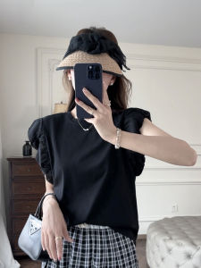 Breathable Summer New Arrival ZSS Black Short Sleeve Womens Top Silk Cotton Fly Sleeve Korean Style Loose Fit round Neck T-shirt