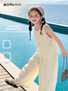SQTN.KIDS | New Fashion Summer Girl Set Sleeveless Top Wide Leg Pants Outfit