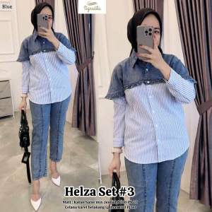 Daily Oneset Jeans Wanita / Setelan Celana dan Blouse Jeanswash mix Katun Salur Garis-Garis Stripe / Setelan Wanita Busui Friendly Lengan Panjang