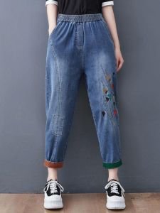 Loose Casual Vintage Embroidered Flare Jeans 3/4 Length