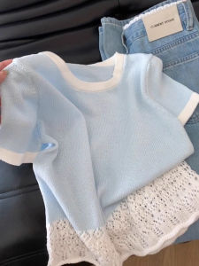 Áo Thun Nữ Tay Ngắn Cổ Tròn Màu Tương Phản Phong Cách Hàn Quốc Mùa Hè Thiết Kế Thanh Lịch Mềm Mại Giảm Tuổi Tác Màu Xanh Áo Trên