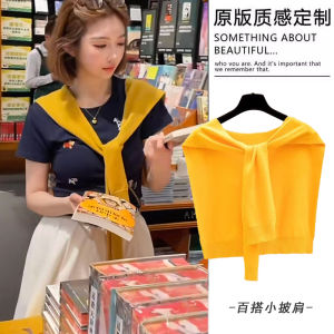 Korean Style Ginger Yellow Knitted Thin Summer Shawl Womens Air Conditioned Room Neck Protection Shirt Cover up Scarf