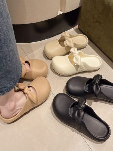 รองเท้าแตะสวมแบบสวมครึ่งนิ้วสำหรับผู้หญิงในช่วงฤดูร้อน รองเท้าแตะแบบสวมครึ่งนิ้วสไตล์ฝรั่งเศส ดีไซน์ผูกโบว์น่ารัก รองเท้าสวมแบบสวมครึ่งนิ้ว EVA ส้นเตี้ย