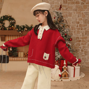 New Year Clearance Girls Knitted Sweater Christmas Red Trendy Autumn Winter Style Child Clothing Soft Processing Casual Style