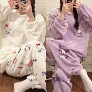 Coral Velvet Pajamas Autumn and Winter Womens Thickened Cute Hello Kitty Heattech College Student Flannel Home Wear Suit