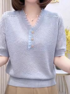 Áo Thun Dệt Kim Cổ Chữ V Đính Hạt Cho Nữ Mùa Hè Mới Lụa Băng Tay Ngắn Rộng Rãi Mỏng Thon Gọn Bằng Lụa Tơ Tằm