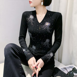 Yimei Thời Trang Sứa kim cương nổi bật Áo sơ mi mặc trong Cho Phụ Nữ 2024 Mùa Đông Áo Phông Cổ Chữ V Mới ôm vừa dài tay Phong Cách Và Hàn Quốc dáng ôm màu đen phía trên