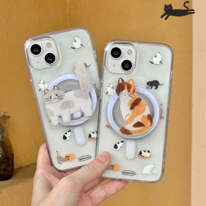 Magnetic Cat Hand-Drawn Style Phone Case for  15Pro Max Full Cover Protection Wireless Charging Stand Clear Hard Shell Case