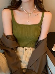 เสื้อกั๊กสีเขียวแบบเกาะอกสำหรับผู้หญิงในช่วงฤดูร้อน เสื้อเชิ้ตสีพื้นทรงสลิมฟิต กระดุมแถวเดียว คอกลม