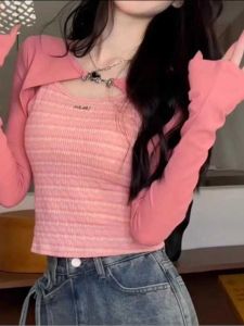 Plus Size Sweet Long Sleeve Strappy T-shirt Womens Autumn Tight Waist Slimming Short Top Chubby Girl Pure Color Two-piece Set T-shirt