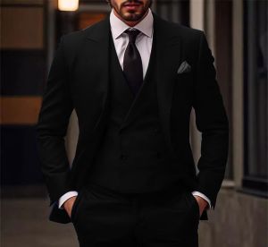 Solid Mens Slim Fit 3 Piece Tuxedo One Button Peak Lapel Jacket Vest Trousers Formal Business Dinner Wedding Suits Male Outfits