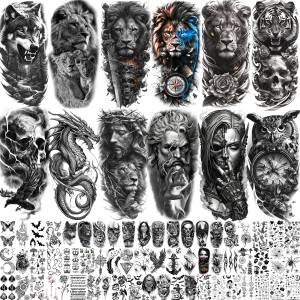 73 แผ่น Cool Lion Wolf รอยสักชั่วคราวสําหรับผู้ชายผู้หญิงกันน้ําพระเยซู Zeus รอยสักปลอม Tattoo Arm มือสติกเกอร์
