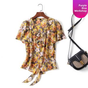 Floral Print Short Sleeve Shirt Womens Summer Fashionable Chiffon Blouse Elegant Ladylike Straight Cut Commute Style Polyester Fiber