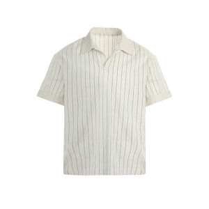 New Money Style Cuban Collar Striped Tencel Blend Short Sleeve Loose Casual Mens Shirt