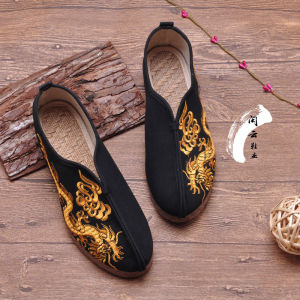 Handmade Embroidered Ethnic Style Mens Slip-On Casual Shoes Breathable Cotton Upgraded Version Flat Heel TPR Outsole