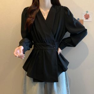 Áo Sơ Mi Dài Tay Màu Đen Ôm Vừa Vặn Cho Nữ Xuân Thu Cỡ Lớn Thiết Kế Giảm Béo Cổ Chữ V Đẹp Nhỏ Áo Sơ Mi