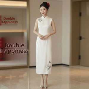 Vintage Fitted Sleeveless Breathable Mandarin Collar White Floral Embroidered Dress