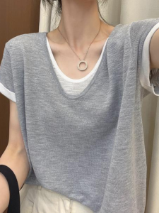 Thin Ice Silk Short Sleeve Knitted Top Womens Summer Loose Slimming Casual Style Solid Color T-Shirt Fashionable Trendy