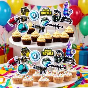 24Pcs Fortnite Cake Toppers Set for Kids Birthday Party Cupcake Decorations Baby Shower Shooting Game Theme Cake Supplies