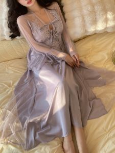 Padded Summer Silk Lace Long Princess Style Nightdress