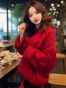 เสื้อสเวตเตอร์สีแดงสไตล์เกาหลี อบอุ่น เสื้อผ้าทำงาน แขนยาว ปกกลม ผ้าขนสัตว์ แฟชั่นฤดูใบไม้ร่วง/ฤดูหนาว เสื้อผ้าผู้หญิง