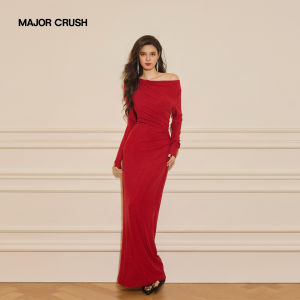 Retro French Cherry Red Swing Neck Slimming Party Dress