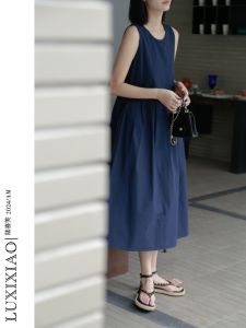 LUXIXIAO Womens Loose Fit round Neck Double Pocket Vest Dress Sleeveless Midi H-Line Style Casual Commute Pure Color Dress