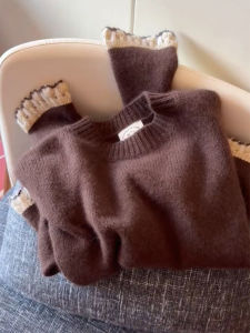 QINGNAER | 2025 Fall New Chic & Relaxed Style Womens Sweater Brown Lace Trim