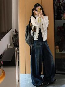 กางเกงยีนส์ทรงหลวมขาตรงสไตล์อเมริกันย้อนยุคไซส์ใหญ่สำหรับผู้หญิง กางเกงขายาวทรงหลวมเอวสูง ผ้าฝ้าย ฤดูใบไม้ผลิและฤดูใบไม้ร่วง