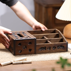 กล่องทิชชู่มัลติฟังก์ชั่น กล่องทิชชู่ไม้แข็งแรงและทนทาน กล่องทิชชู่พร้อมช่องเก็บของ เก็บรีโมท ฉลุต้นสักลายสวย