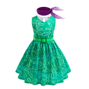 Movie Girls Happy Role Playing Costume Princess Dress + Childrens Wig Girl Halloween Carnival Birthday Green Print Party Dress