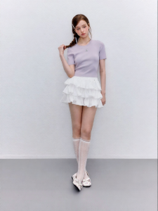 Matte Satin Color Contrast Waistband Half Skirt with Metal Logo