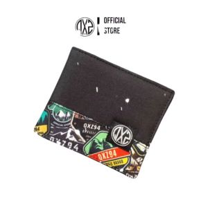 QXZ94 Dompet Pria Kulit Kanvas Print Motif Pendek Lipat Kartu Uang Tipis Polos Kombinasi Hitam