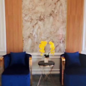 sofa putar stainless set meja top marmer hitam