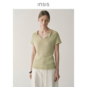 INSIS FEMME | Hemp Yarn Flower Mixed V-Neck Summer Knit Short Sleeve Womens Top