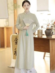 Young Womens Tea Ceremony Clothing Cheongsam Dress Artistic Zen Style Autumn Winter Chinese Version Ao Dai Qipao Long Sleeve