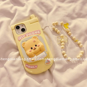 Kawaii Cartoon Bear Flip Cover Silicone Phone Case for Apple 15 pro Max iPhone New Model 14 Cute 13 Creative 12 Crossbody 11 Chain Women Style