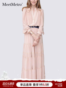 Váy Công Chúa MeetMetro Màu Hồng Thanh Lịch Mùa Xuân Thu Mới Phong Cách Pháp Váy Dạ Hội Váy Chữ a Dài Tay Váy Công Sở
