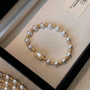 Natural Mother-of-Pearl Button Embedded Diamond Australian White Pearl Bracelet Womens Luxury Fashionable High-End Feeling Bracelet Jewelry