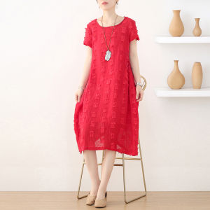 Summer 2025 Original Design Tassel Patch Texture Lin Dress Loose Waist Artistic Large Size Skirt Retro round Neck Short Sleeve