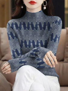 High-End Semi-High Collar Long Sleeve T-Shirt for Middle-Aged Women Casual Slim Fit Polyester Moisture Wicking Print Top