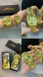 [Gift][With Box]ORUSS Original Couple 2 Pcs Dual Calendar Luxury Stainless Steel Waterproof Luminous Watch Analog Fashion Korean Automatic Quartz Wrist Watch For Couples