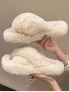 Trendy Womens Outdoor Slip-On Slippers Rabbit Fur Cross Cotton Slippers Comfortable Lazy Style Casual Flatform Rubber Bottom