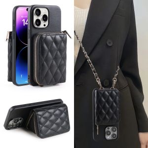 New Trend Lamb Pattern PU LeatherPhone Case for iPhone 16 1112 13 14 15 Series Fashion Long Hanging Chain Lane lattice Card Pack