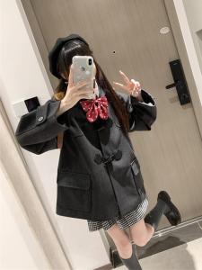 Original Mystery Rabbit เด็กผู้หญิง ฤดูหนาว หนาขึ้น ขนสัตว์ เสื้อโค้ท มีหัวเข็มขัดแตรสไตล์โรงเรียนแจ๊กเก็ตตัดตรงแฟชั่นการเดินทาง