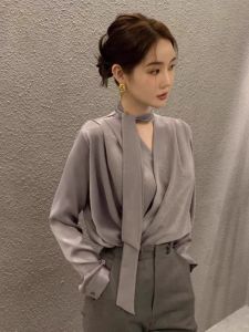 Elegant French Style Satin Shirt Womens Long Sleeve Beautiful Top V-Neck Button Detail Loose Fit Fashionable Autumn Wear